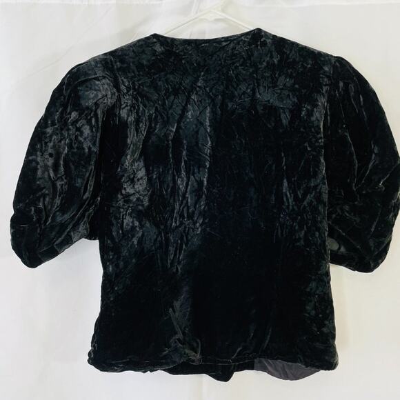 Vintage 80s Black Velvet Blouse w Pearl Rhinestone Buttons – Statement Shoulders - Picture 4 of 9
